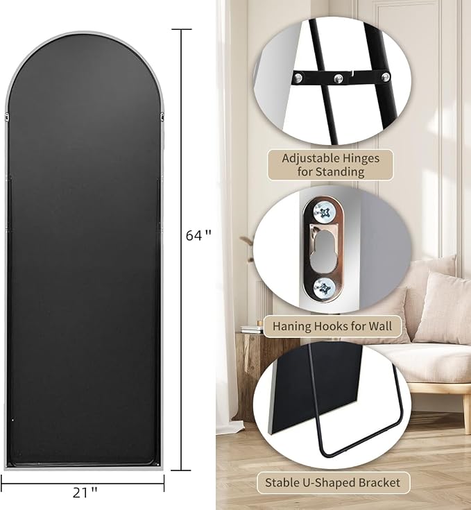 Dewfig Arched Full Length Mirror, 64''x21 Large Floor Mirror, Full Body Mirrors for Leaning or Hanging, Standing Mirrors for Bedroom, Living Room,Dressing Room, Aluminum Alloy Frame, Silver
