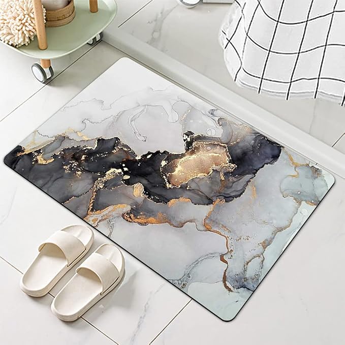 Diatomaceous Earth Bath Mat,Grey Gold Marble Non-Slip Volume Super Absorbent Fast Drying for Bathroom Kitchen Door mat,Eco-Friendly Easy to Clean 17×27.5Inch (43 * 70cm)