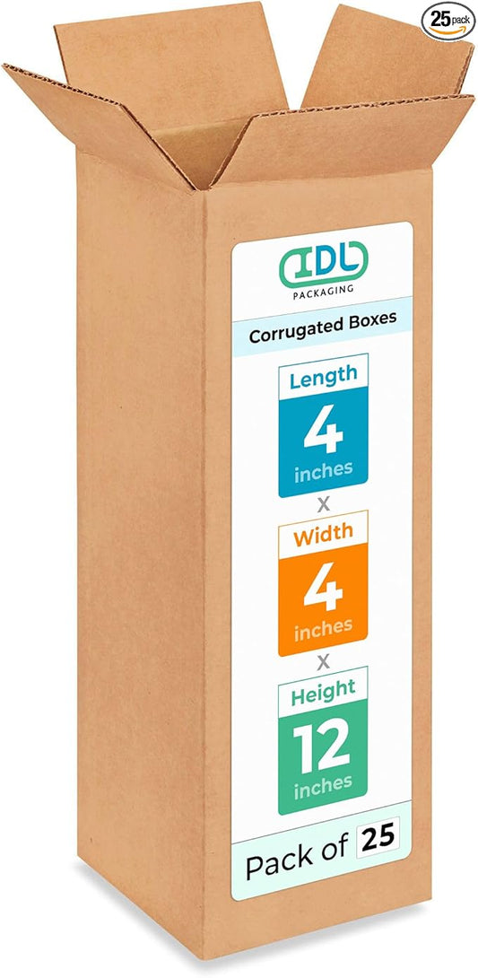 Tall Moving & Shipping Boxes 4"L x 4"W x 12"H (25-Pack) - Extra Strength 200 lb vs Regular - Corrugated Moving Boxes for USPS/UPS/FEDEX - Packing Box - Packing Box for Moving by IDL Packaging
