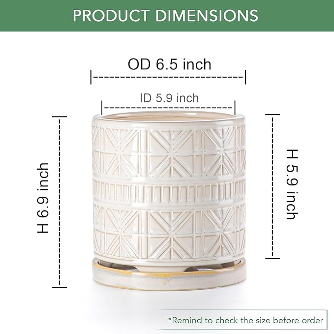 Ceramic Plant Pots Indoor-Outdoor: 6 Inch Embossed Planters with Drainage Hole & Saucer - Modern Decorative Flower Pots for Home Garden Patio Office Decor