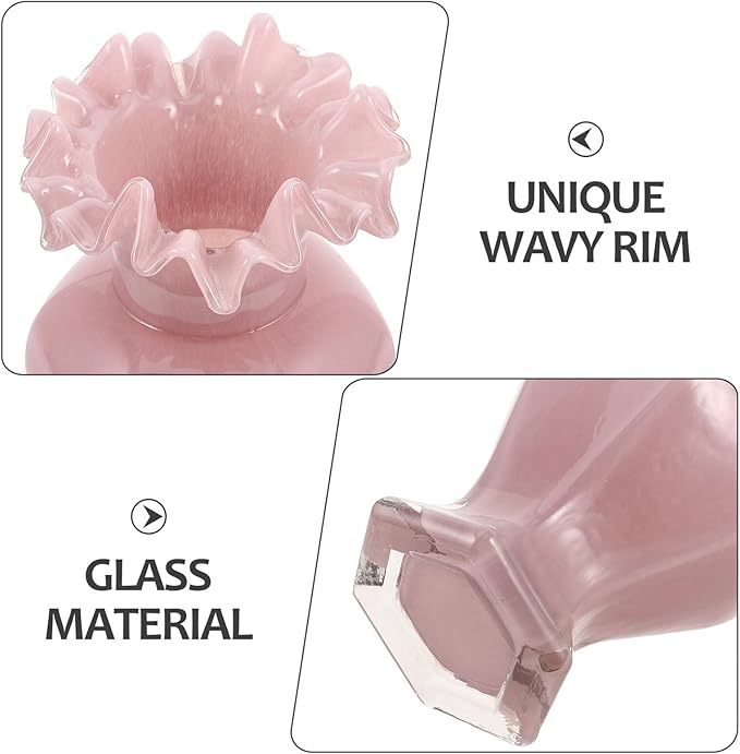 Pearlescent Handblown Glass Vase Wide Mouth Wavy Pattern Artistic Flower Pot Tabletop Glass Bud Vase for Home Dining Living Office Entryway Kitchen Pink Centerpiece Decor