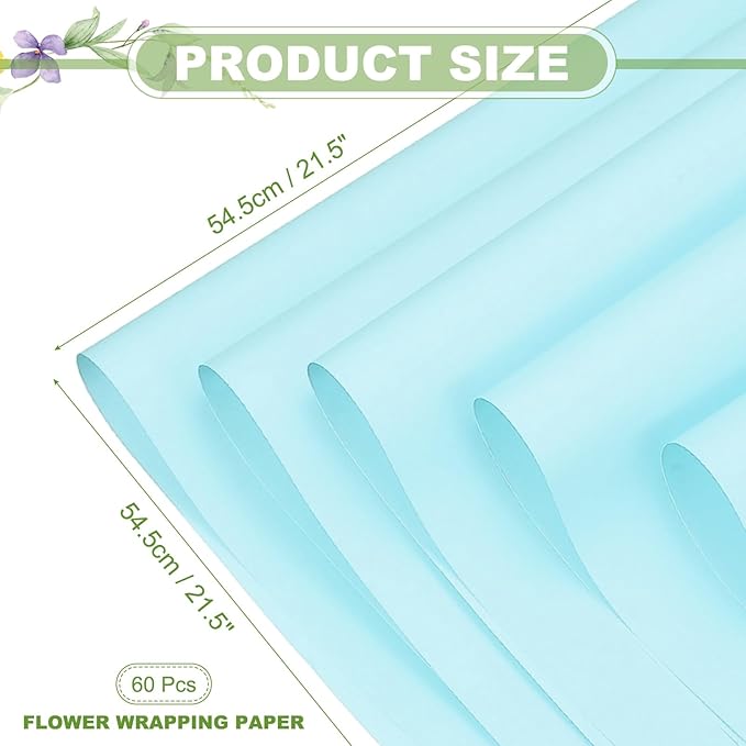uxcell 60 Sheets Flower Wrapping Paper, 21.5" x 21.5" Waterproof Floral Bouquet Wrapping Papers Florist Supplies for Wedding Party Gift Packaging DIY Crafts, Blue