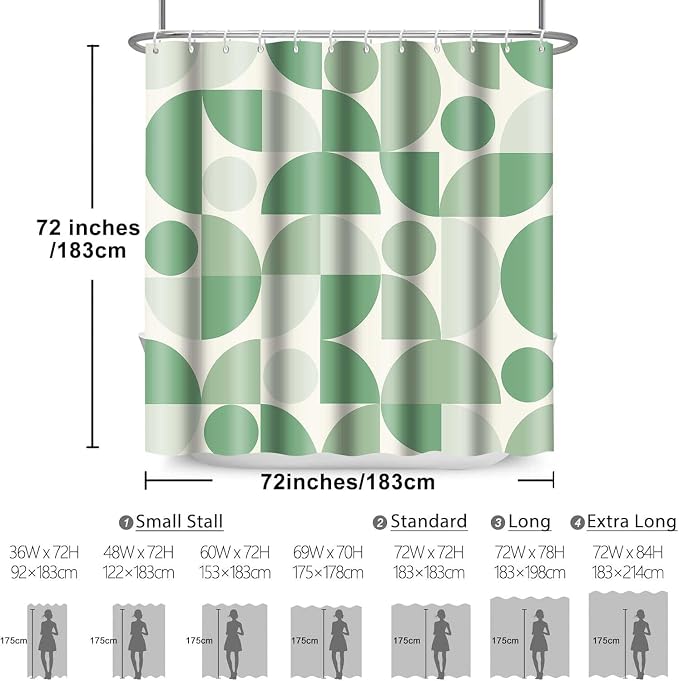 Vintage Green Mid Century Modern Shower Curtain Boho Abstract Geometric Art Shower Curtains for Bathroom Decor 72x72 Inch Colorful Unique Pattern Washable Fabric Bathroom Set with 12 Hooks