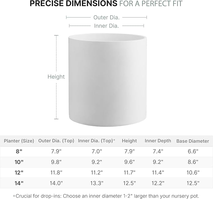 FaithLand 14 Inch Fiberstone Planter - Lightweight Modern Cylinder Plant Pot with Drainage Hole & Plug, Indoor Outdoor Use, Matte White