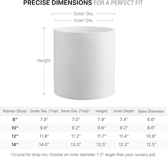 FaithLand 10 Inch Fiberstone Planter - Lightweight Modern Cylinder Plant Pot with Drainage Hole & Plug, Indoor Outdoor Use, Matte White