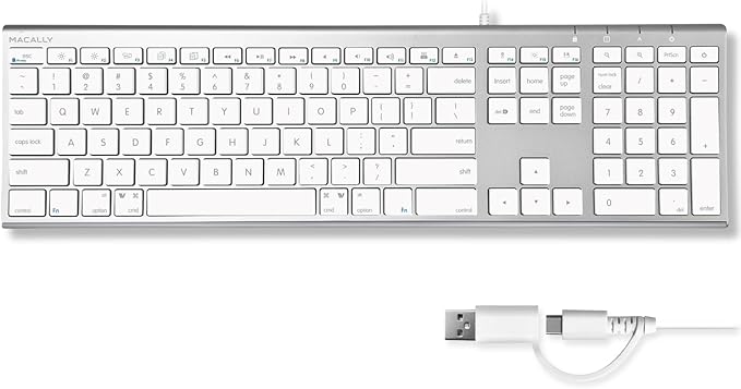 Macally Wired Keyboard for Mac (Upgraded Dual USB A + C Plug) - USB C Keyboard - Ultra Slim, 20 Shortcuts, 110 Scissor Keys - Compatible with Apple MacBook Pro/Air, Mac mini, iMac, iPad - Silver