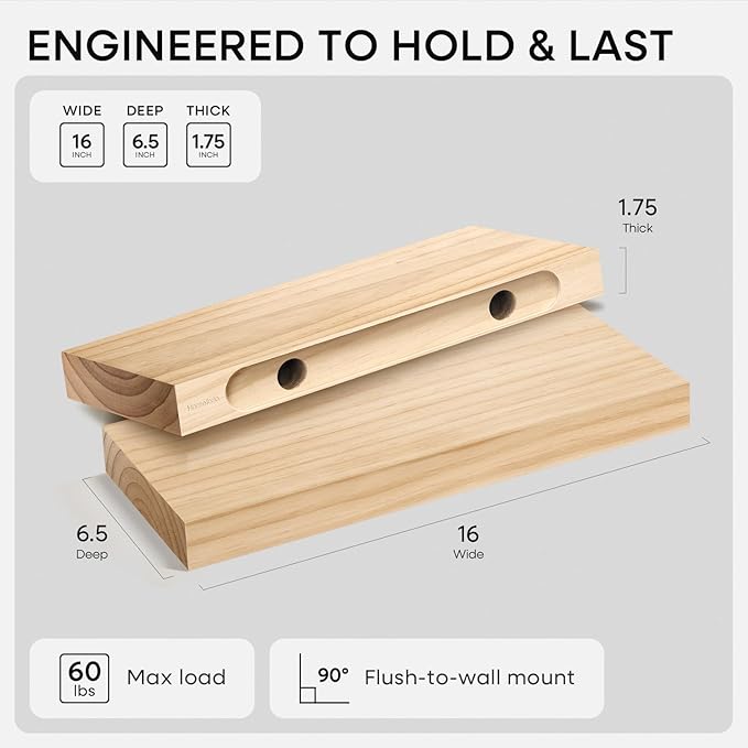 Homeforia 16 inch Natural Floating Shelf, High End Solid Real Wood 16inch Small Floating Shelves for Wall Mounted, Natural Wooden Floating Shelves, Heavy Duty Bracket, 16 X 6.5 X 1.75 in, Set of 2