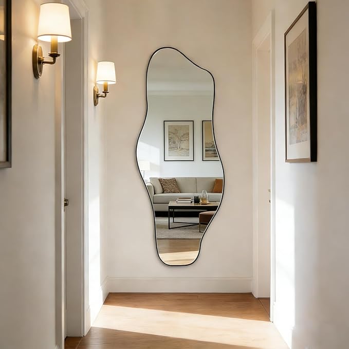 Irregular Wall Mirror, 60"x24" Asymmetrical Tempered Glass Mirror, Large Frameless Organic Shape Mirrors for Entryway Hallway Bedroom Living Room, Horizontal or Vertical Hanging