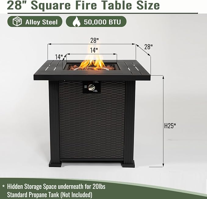 28" Propane Gas Fire Pit Table, 50000 BTU Square Steel Fire Pit with Lid & Volcanic Stones 2 in 1 Fire Pit Table Rock for Outside Patio Deck Garden Courtyard
