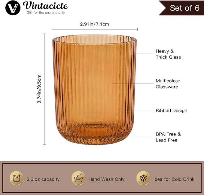Colored Ribbed Drinking Glasses Set of 6 - 8.5oz,Multicolor Vintage Glassware,Highball Glasses for Juice, Coffee, Cocktails,Colorful Tumbler Glasses Cup Set for Party,Housewarming,Mother's Day