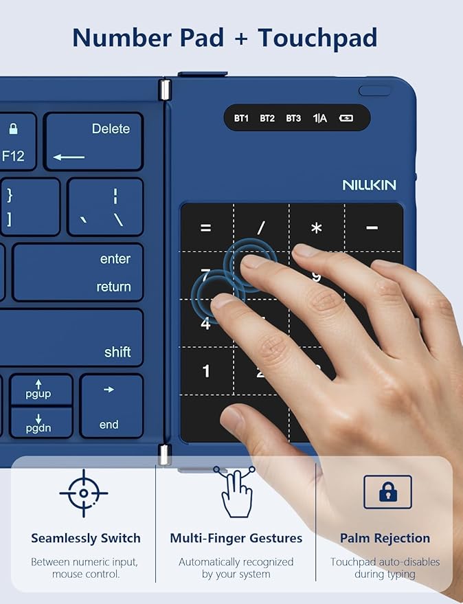 Nillkin Foldable Bluetooth Keyboard with Touchpad & Number Pad, Portable Bluetooth Keyboard with Full Size Keys, Pocket-Sized Wireless Travel Keyboards for iPad, Smartphone, Tablet and Laptop Blue