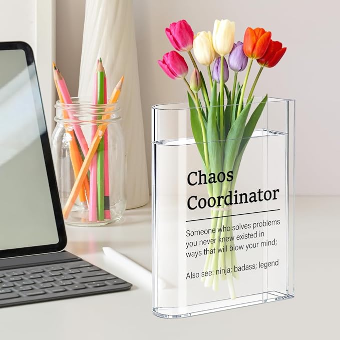 Chaos Coordinator Bosses Day Gifts for Women Men Manager Funny Office Decor for Women Wooden Acrylic Book Flower Vase National Boss Day Decorations Gifts for Leader HR Manager Bookshelf Desk Decor