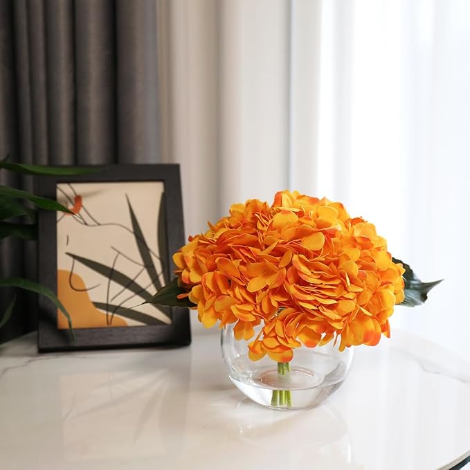 Hydrangea Artificial Flowers in Vase Orange Silk Flowers Arrangements with Glass Vase with Faux Water for Table Centerpiece Shelf Home Decor
