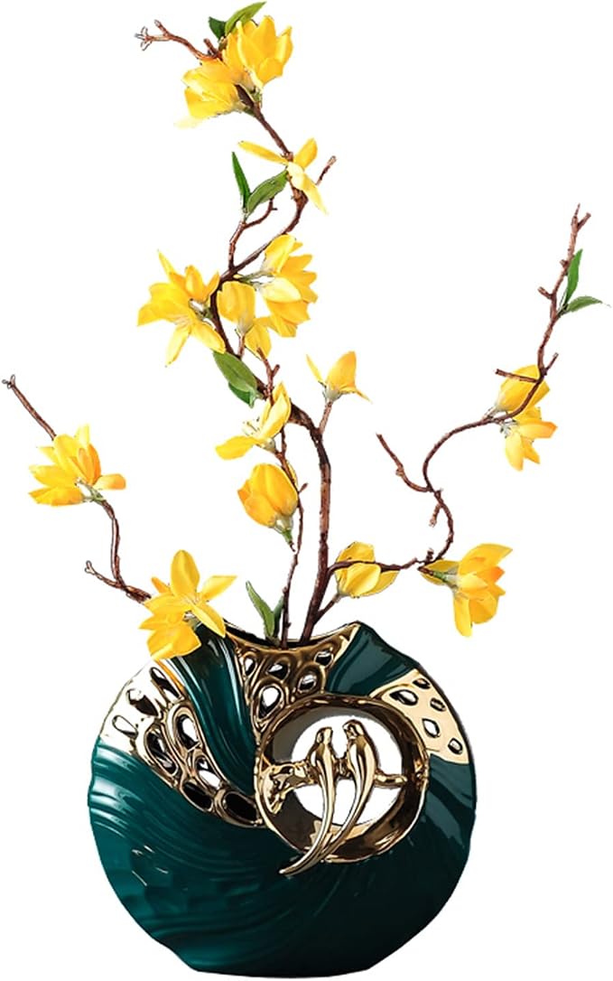 Luxury Green & Gold Ceramic Vase with Lovebird Design, Modern Home Decor for Living Room, Entryway, Bookshelf, Perfect for Dried Flowers, Faux Plants, Wedding & Housewarming Gift(Vase)