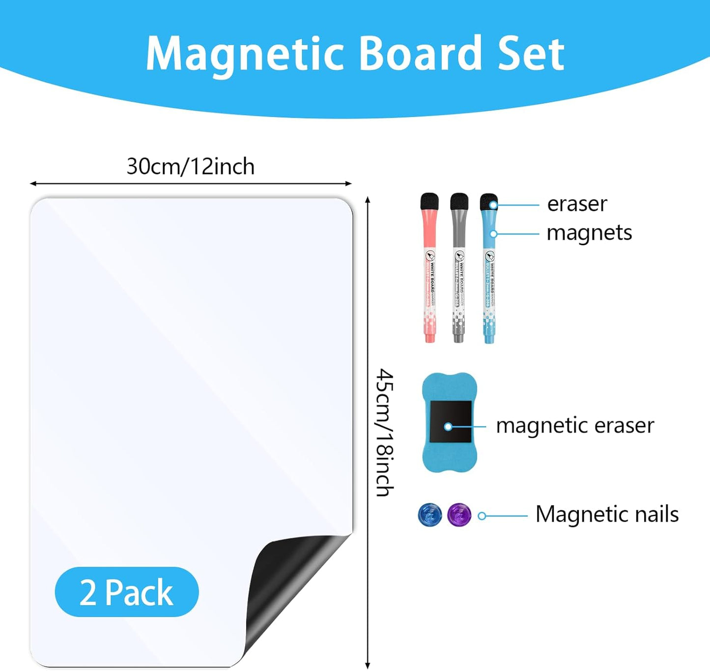 Skiennix Magnetic Whiteboard - 12”x18” Dry Erase Board for Kitchen Organizer | 2 Pack with Markers & Eraser