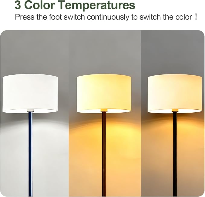 62.9" Floor Lamp with Table Brown, White Lampshade Vintage Standing Lamp with Tray Foot Switch, 3 Color Temperatures LED Bulb Included, for Living Room, Bedroom