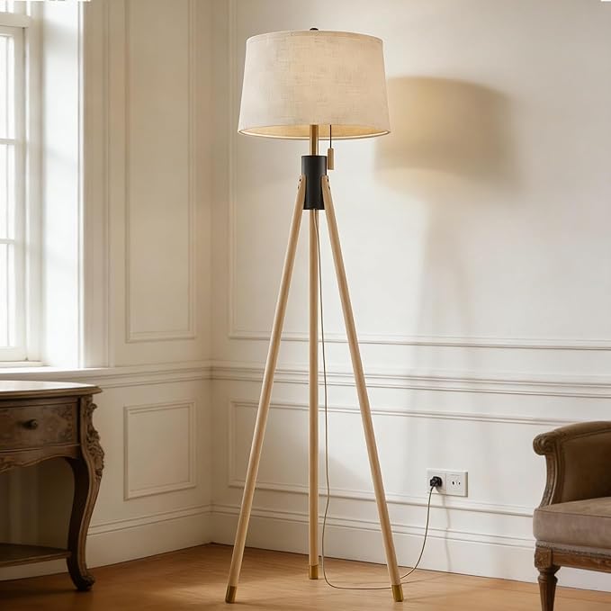 Mid Century Modern Tripod Floor Lamp, Gold Accented Two-Tone Solid Wood Floor Lamp with Black-Finished Solid Wood Center, Linen Shade & Pull Chain, Tall Lamp for Living Room Bedroom Reading Corner