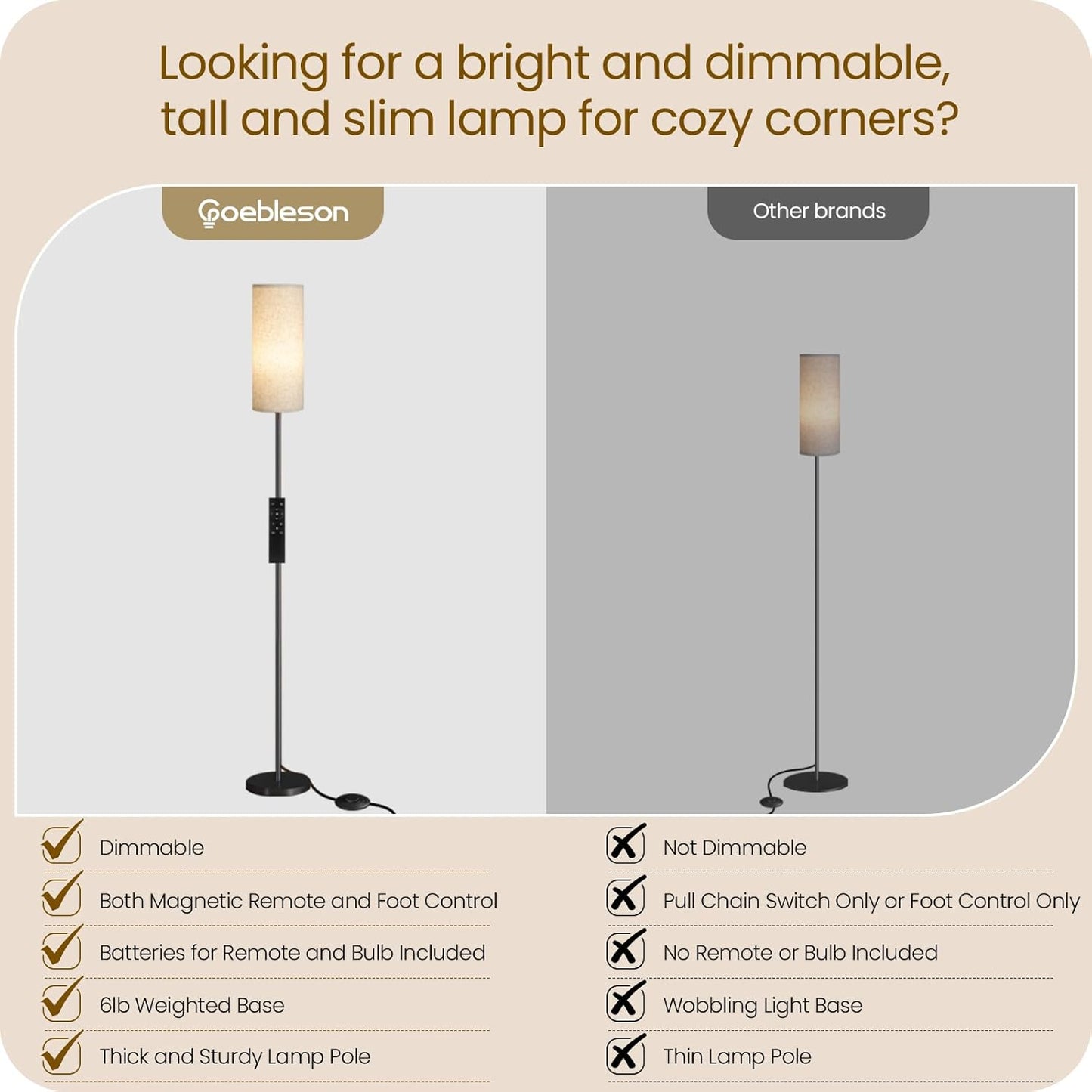 Skiennix Dimmable Floor Lamp - Modern 64.4” Standing Lamp with Remote & Foot Switch | Beige, 10W LED Bulb Included