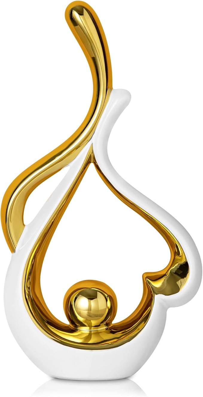 Gold Statue Decor for Living Room, Abstract Sculptures Home Decor, Modern Table Ceramic Decor, Heart Shape Table Centerpieces for Dining Room, White and Gold Decoration for Shelves
