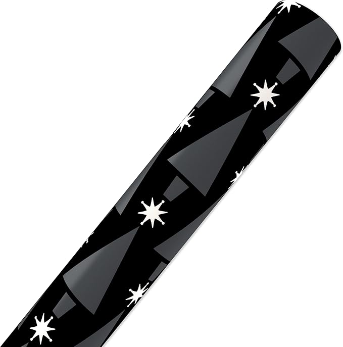 American Greetings Reversible Modern Black Christmas Wrapping Paper Roll, White, Silver, and Black Holiday Gift Wrap (60 sq. ft., 1 Standard Roll Wrap-30 in. x 24 ft.) Fa La La and Trees