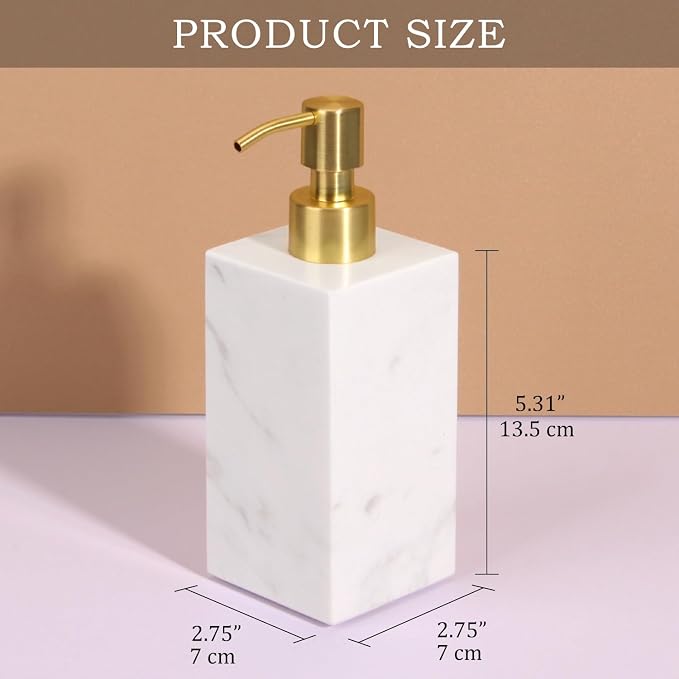 Natural Marble Soap Dispenser for Bathroom and Kitchen Countertop - 5.41 Ounces Hand Lotion and Liquid Stone Shampoo Laundry Bottle with Pump (1, White, Rectangular Bottle)