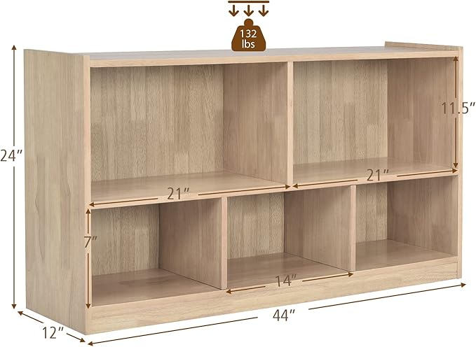Costzon 2-Shelf Bookcase for Kids, Wooden Toy Storage Organizer for Books Toys, 5-Section Freestanding Classroom Daycare Montessori Bookshelf for Preschool, Home Playroom & Kindergarten