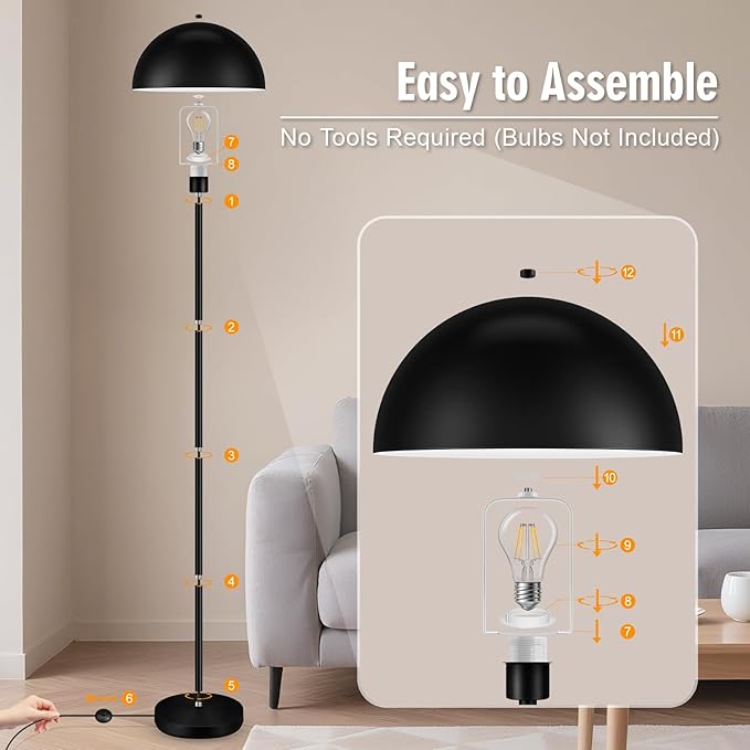 Industrial Floor Lamp, Floor Lamp for Living Room, 66Inch Tall Modern Standing Lamp, Black Stand Up Lamp with Metal Dome Shade, Mid Century Corner Reading Lamp for Bedroom Office Nursery Room, NO BULB