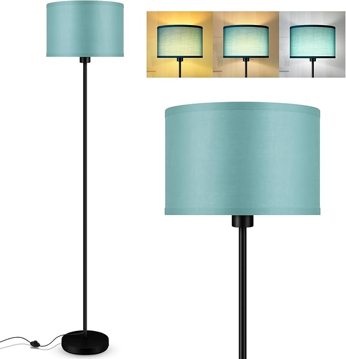 AUQUEE 58" Small Floor Lamp with Foot Pedal Switch, Modern Standing Lamp with Green Linen Shade, Corner Reading Floor Lamps for Bedroom, Office, Apartment & Small Spaces - Black Pole Lamp