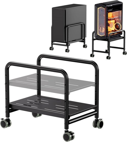 PUTORSEN Computer Tower Stand - Height Adjustable Rolling CPU Holder with 360° Locking Wheels, Black