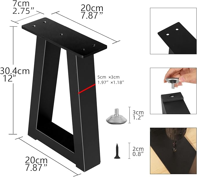12 Inch Trapezoid Metal Table Legs, DIY Furniture Legs for Coffee Table, Bench Stool Feets Cabinet Chairs Feet Set of 2, Including Screws and Adjustable Feet Pads, Black