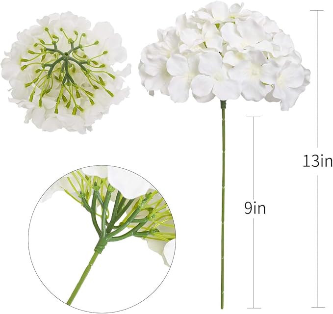 Fake White Hydrangea Artificial Flowers - Faux Silk Hydrangeas Flowers Heads with Stems Real Touch for Home Wedding Party Table Decor(White,Pack of 10)