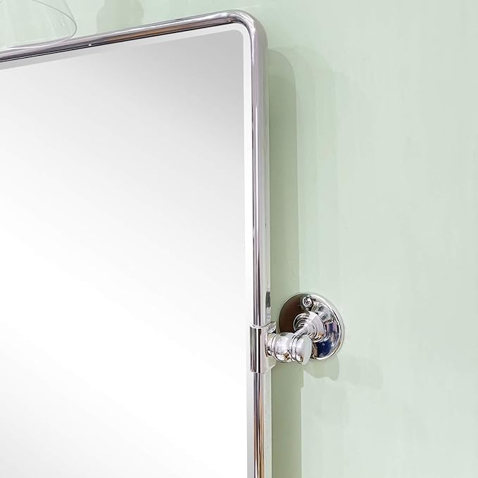 TEHOME Chrome Pivot Rectangle Bathroom Vanity Mirrror Farmhouse Tiltable Rounded Metal Framed Pivoting Bathroom Mirror with Beveled Mirrror, Overall 26.91 x 35 inches (Mirrror 23 x 35 inches)