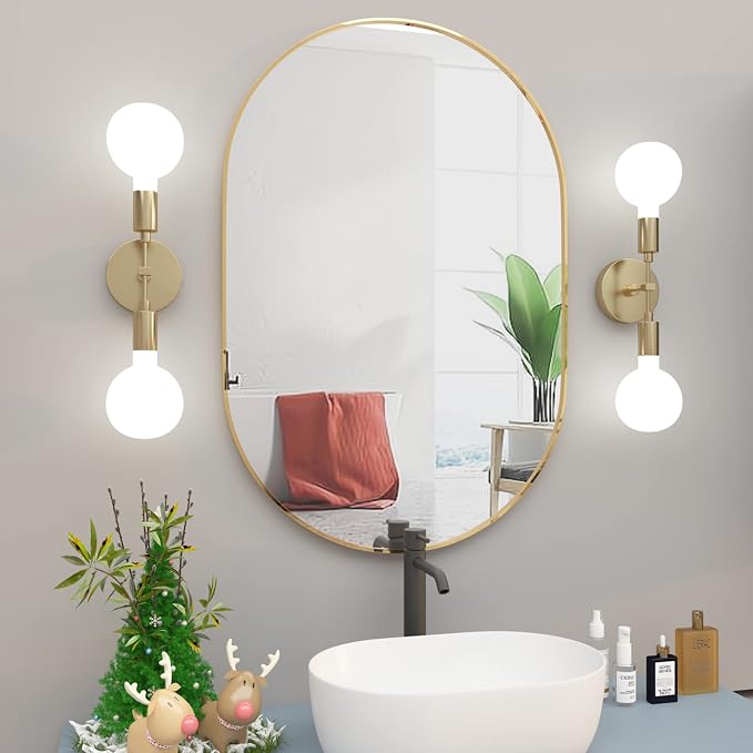Oval Bathroom Mirror Capsule Wall Vanity Mirror, 20"x30" Pill Mirrors Wall Mounted Mirror, Large Modern Mirror with Gold Metal Frame, Decor for Entryway, Bedroom, Living Room