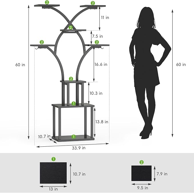 Elbourn 8 Tiered 60" Plant Stand Indoor Shelf with 3 Grow Lights (Black) | Corner Shelf Decor