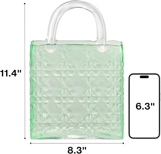 Purse Vase, Glass Bag Vase, Glass Purse Vase for Flowers, Green Vases, 12 Inch Large Flower Vases with Embossed Pattern for Wedding, Living Room, Bedroom, Table, Office(Tote)