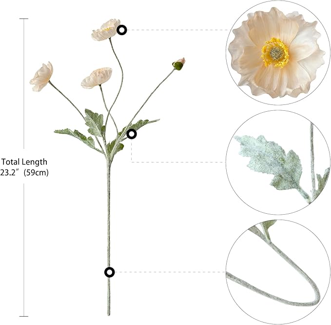 Champagne Poppy Flowers Fake 6PCS Faux Poppies Artificial with Long Stems Silk Bouquet for Home Kitchen Wedding Centerpiece Decor