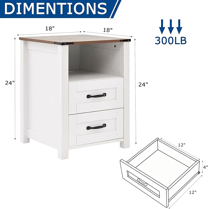 Farmhouse Night Stand, Rustic White Nightstand for Bedroom, End Tables Without Charging Station, Bedside Table with Drawers, Wood Bedside Cabinet Dresser