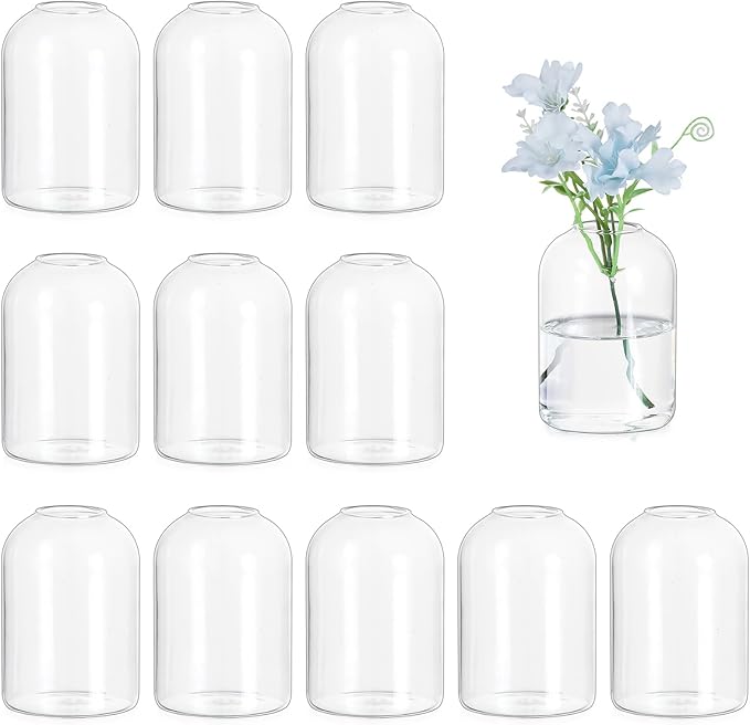Hewory Glass Bud Vases for Centerpieces: Set of 12 Blown Clear Small Vase Bulk, Mini Cute Flower Vase for Floral Arrangement, Modern Decorations for Wedding Party Event Table Decor, 3.7"(H)×2.75"(D)