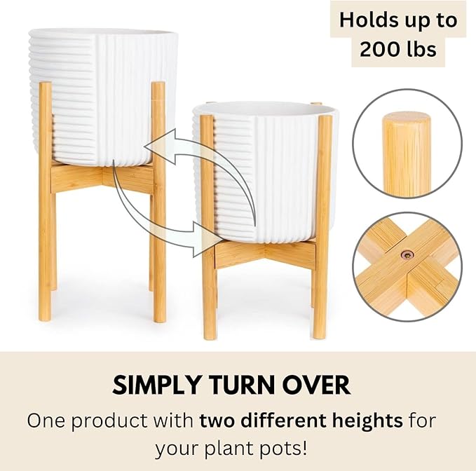 Fox & Fern Adjustable Plant Stand Indoor — 8 to 12 Inch Mid Century Bamboo Plant Stand with Adjustable Width - Plug In Design - Easy to Assemble - Two Heights - For 8, 9, 10, 11 & 12 Inch Pots