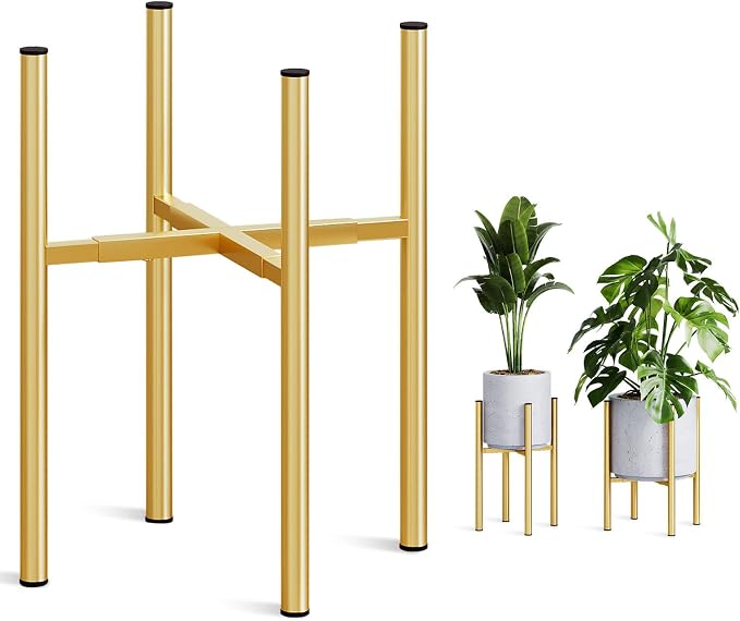 Adjustable Metal Plant Stand Indoor, Fits 8-14 Inch Pots, Mid Century Modern Gold Planter Holder,2 Heights, Heavy Duty 160 lb, Indoor Outdoor Corner Floor Pot Stand, Golden