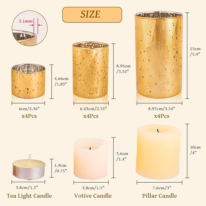 CHILL RECIPE Gold Cylinder Vases Glass Candle Holders Bulk, Mercury Hurricane Candle Holder Small Flower Vases for Centerpieces Tea Light Pillar Votive Candles Wedding Decor Party (4 Set 12Pcs)