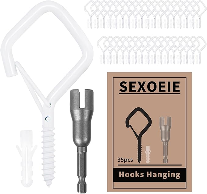 Sexoeie 35PCS Eye Screw Hooks for Hanging Heavy Duty with Safety Buckle.Metal Ceiling Hooks for Hanging Plants,Cup,Wind Chime,Bird Feeders,String Lights at Indoor&Outdoor,2.36 Inches White