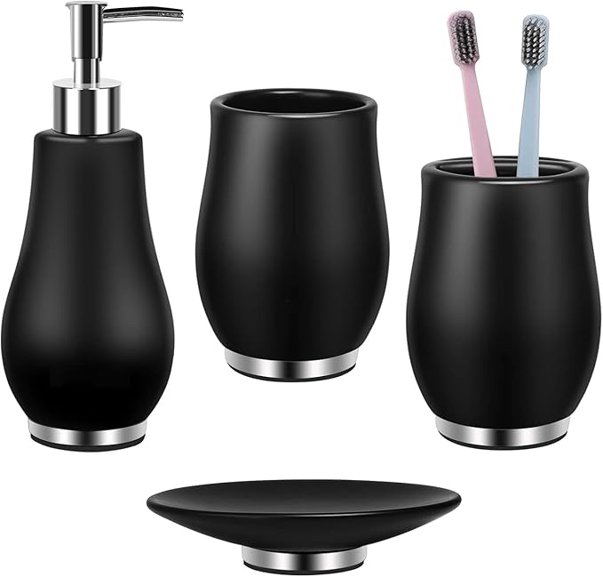 RQYIXI Bathroom Accessories Set 4 Pcs Toothbrush Holder Soap Dispenser Ceramic Bathroom Accessory Set with Toothbrush Cup Soap Dish Tumbler Black