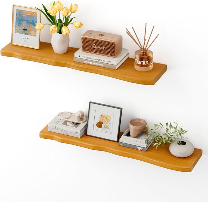 Solid Wood Live Edge Floating Shelves Set of 2 – 36" Rustic Wall Shelf with Hidden Bracket System, Wall Mounted Shelves for Bathroom, Kitchen, Living Room, Bedroom (Honey Walnut)