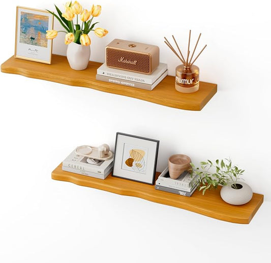 Solid Wood Live Edge Floating Shelves Set of 2 – 36" Rustic Wall Shelf with Hidden Bracket System, Wall Mounted Shelves for Bathroom, Kitchen, Living Room, Bedroom (Honey Walnut)
