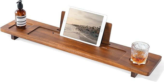 Solid Walnut Bathtub Tray Caddy - 35" Non-Slip Luxury Bath Board for Freestanding Tub - Premium Wood Bathtub Organizer with Wine Glass, Book & Phone Holder for Spa Relaxation, Gift Ideas