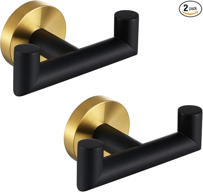 Angle Simple Towel Double Hook Black & Gold, 2 PCS Stainless Steel Bathroom Towel Holder, Dual Robe Coat Hook for Wall