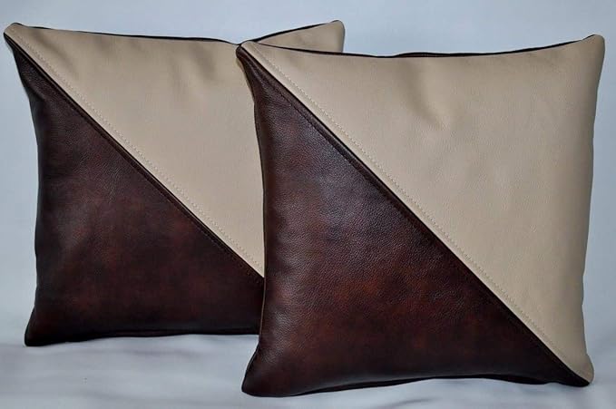 D DOLLY LAMB Lambskin Leather Pillow Cover - Sofa Cushion Case - Decorative Throw Covers for Living Room & Bedroom, 18x18 Inches - Tan Grey Pack of 2