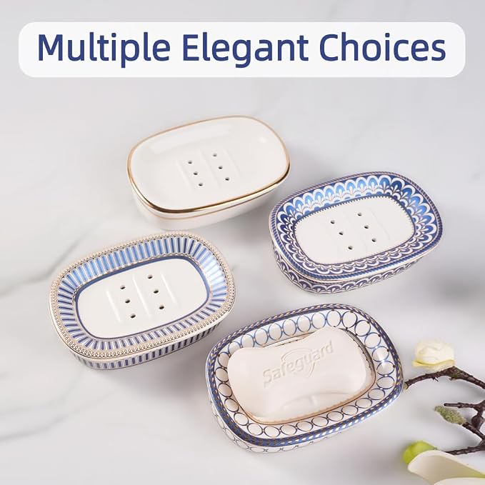 Self Draining Soap Dish, Double-Layer Bar Soap Tray, White Ceramic Soap Dish with Elegant Patterns (Style A)