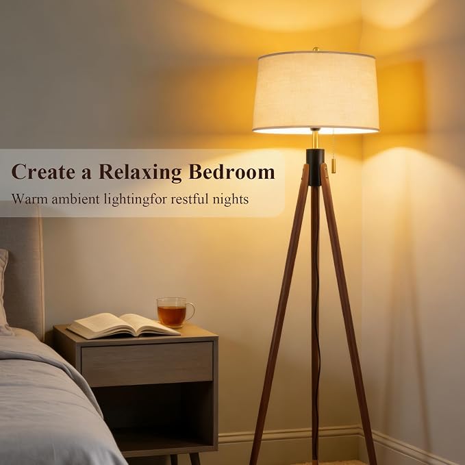 Mid Century Modern Tripod Floor Lamp, Gold Accented Two-Tone Solid Wood Floor Lamp with Black-Finished Solid Wood Center, Linen Shade & Pull Chain, Tall Lamp for Living Room Bedroom Reading Corner